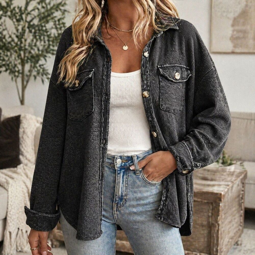 Waffle Knit Black Shacket Button Down Shirt Jacket Size Small